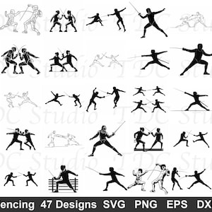 May include: Collection of 47 fencing designs in SVG, PNG, EPS, and DXF formats. The black and white illustrations depict various fencing poses and actions, including duels and individual stances. Ideal for sports-themed projects.