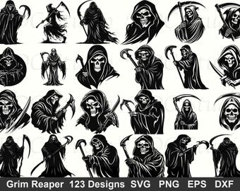 Grim Reaper SVG Bundle (123 Designs) - Skeleton PNG, Scythe Reaper Silhouette, Gothic Horror Cut File Dark Art Decal Tattoo | Commercial Use