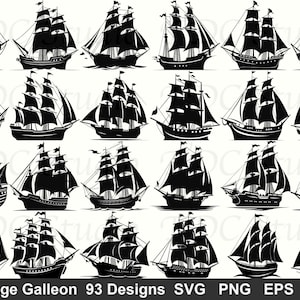 May include: A selection of black and white vintage galleon ship designs. The image shows detailed illustrations of sailing ships with multiple masts and sails. Text at the bottom reads "Vintage Galleon 93 Designs SVG PNG EPS DXF".
