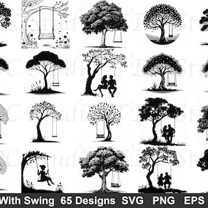 May include: A collection of 65 black and white tree designs with swings. The images feature various tree styles, some with people on the swings, and are suitable for SVG, PNG, EPS, and DXF formats.