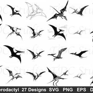 May include: A collection of 27 pterodactyl designs in black and white. The images depict various flying poses and silhouettes of the prehistoric reptiles. The text at the bottom reads "Pterodactyl 27 Designs SVG PNG EPS DXF."