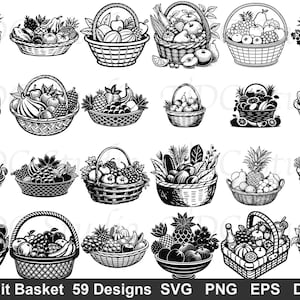 May include: Black and white illustrations of various fruit baskets, each filled with different fruits and vegetables. The image includes a variety of basket designs and arrangements, with the text "Fruit Basket 59 Designs SVG PNG EPS DXF" at the bottom.