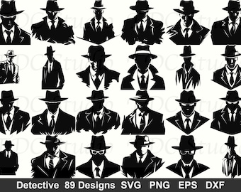 Pacote de SVGs de Detetive (89 designs) - Retrato de Filme Noir em PNG, Arquivo de Corte de Espião Gangster, Arte de Chapéu Fedora | Uso Comercial