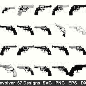May include: Collection of revolver designs in black and white. The image features various styles of revolvers, including detailed illustrations and silhouettes. The text at the bottom reads "Revolver 67 Designs SVG PNG EPS DXF".
