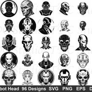 Cyborg Head SVG Bundle (96 Designs) - Android Silhouette PNG, Cyberpunk Robot Cut File, Mechanical Skull Art, Futuristic AI Graphic