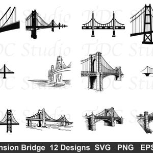 Op de afbeelding: Een collectie van 12 zwart-wit grafische illustraties van hangbruggen. De ontwerpen tonen diverse architecturale stijlen, waaronder moderne tuibruggen en klassieke stenen metselwerkbruggen, gepresenteerd als een set digitale bestanden.