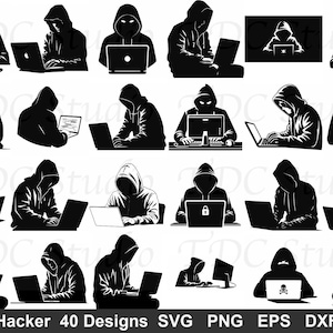 May include: Black and white graphic illustrations of hooded figures using laptops and computers. The image includes the text "Hacker 40 Designs" and file type options: SVG, PNG, EPS, and DXF.