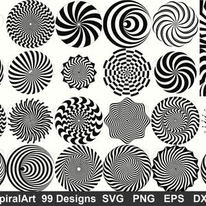 May include: A collection of 24 black and white spiral designs in various patterns. The designs are circular and feature concentric lines, creating an optical illusion. The image includes the text "SpiralArt 99 Designs SVG PNG EPS DXF".