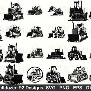May include: A set of 20 black and white illustrations of bulldozers and construction vehicles. The designs include different styles of front loaders and track-type tractors. The text at the bottom reads "Bulldozer 92 Designs SVG PNG EPS DXF".