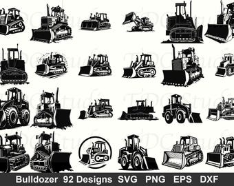 Paquete de 92 diseños SVG de excavadoras para vehículos de construcción. Imágenes prediseñadas de excavadoras para Cricut y Silhouette. Archivos SVG, PNG, DXF, PDF y EPS. Equipo pesado para uso comercial.