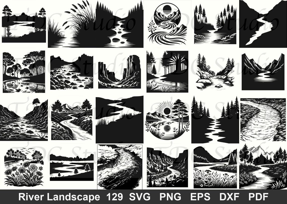 129 Nature Scenes SVG Clipart Bundle | Rivers Mountains Lakes Landscape ...