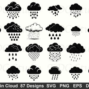 May include: A collection of black and white rain cloud designs. The clouds vary in shape and size, with different styles of raindrops. The image includes a variety of cloud illustrations, suitable for digital art projects.