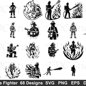 Puede incluir: Colección de 68 diseños de bomberos en blanco y negro en formatos SVG, PNG, EPS y DXF. Las ilustraciones muestran a los bomberos en acción, extinguiendo llamas y en posición.