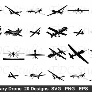 Może przedstawiać: Kolekcja 20 czarnych sylwetek dronów wojskowych w różnych konfiguracjach. Obraz zawiera tekst "Military Drone 20 Designs SVG PNG EPS DXF" na dole.