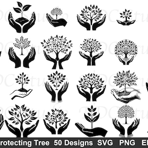Può includere: Una collezione di disegni di alberi in bianco e nero, ognuno con un albero o una piantina tenuta o protetta da mani. I disegni variano nello stile, dalle illustrazioni dettagliate alle semplici silhouette. Il testo "Hands Protecting Tree 50 Designs" è in basso.