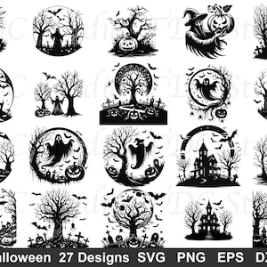 May include: A collection of twenty-seven black and white Halloween-themed digital illustrations featuring pumpkins, ghosts, haunted houses, bats, and bare trees. The text at the bottom reads: Halloween 27 Designs SVG PNG EPS DXF.