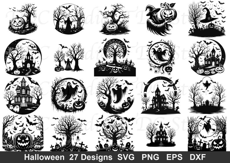 May include: A collection of twenty-seven black and white Halloween-themed digital illustrations featuring pumpkins, ghosts, haunted houses, bats, and bare trees. The text at the bottom reads: Halloween 27 Designs SVG PNG EPS DXF.