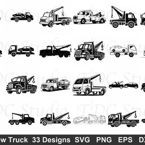 May include: A collection of 33 black and white tow truck designs in various styles. The image includes different types of tow trucks, some lifting cars, others transporting them. The text at the bottom reads "Tow Truck 33 Designs SVG PNG EPS DXF."