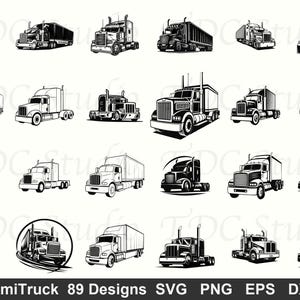 Könnte beinhalten: Eine Sammlung von 19 Schwarz-Weiß-Designs von Sattelzügen. Die Illustrationen zeigen verschiedene LKW-Stile, einschließlich solcher mit Anhängern. Das Bild enthält den Text "SemiTruck 89 Designs SVG PNG EPS DXF".