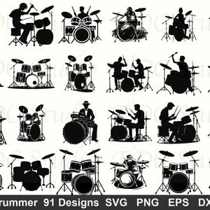 May include: Black and white silhouette illustrations of drummers playing various drum kits. The image includes multiple drum sets with cymbals and drumsticks, perfect for music-themed projects. The text "Drummer 91 Designs" is at the bottom.