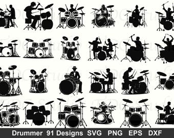 Drum Set SVG Bundle | 91 Drummer Silhouette Designs | Drummer Clipart Band Music Cut Files Percussion Dxf Eps Png Pdf Musician Cricut Files