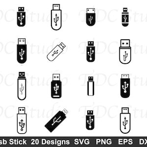 Puede incluir: Una colección de veinte iconos gráficos en blanco y negro que representan varias formas y orientaciones de memorias USB, cada una con el símbolo de tridente USB estándar. El texto en la parte inferior dice: Usb Stick 20 Designs SVG PNG EPS DXF.