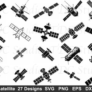 May include: A collection of 27 black and white satellite designs in various styles. The image includes satellites with solar panels, antennas, and different body shapes. Text at the bottom reads "Satellite 27 Designs SVG PNG EPS DXF."