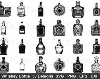 May include: A collection of twenty-four black and white graphic illustrations of various whiskey bottles and decanters in different shapes and styles, featuring intricate line work, decorative patterns, and labels, presented as a digital design set.
