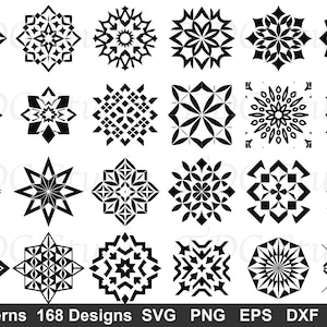 Pode incluir: Uma coleção de 24 padrões geométricos em preto e branco com vários designs simétricos. Os padrões incluem explosões de estrelas, formas florais e arranjos geométricos. A imagem também inclui o texto "Patterns 168 Designs SVG PNG EPS DXF PDF".