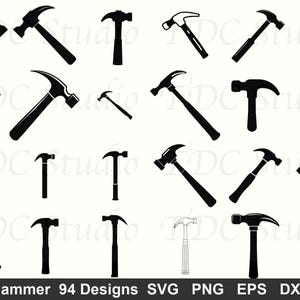 May include: A collection of black hammer silhouettes in various sizes and styles. The image includes claw hammers, framing hammers, and other designs, suitable for woodworking and construction projects. The text at the bottom reads "Hammer 94 Designs SVG PNG EPS DXF".