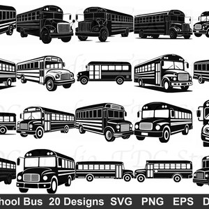 Könnte beinhalten: Eine Sammlung von 20 schwarz-weißen Schulbus-Designs in verschiedenen Stilen. Das Bild enthält verschiedene Ansichten der Busse, einschließlich Vorder-, Seiten- und Winkelperspektiven. Der Text "School Bus 20 Designs SVG PNG EPS DXF" befindet sich unten.