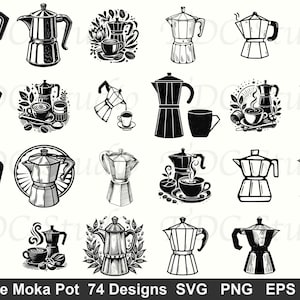 May include: A collection of 74 black and white coffee moka pot designs. The illustrations include coffee pots, cups, and coffee beans. The text at the bottom reads "Coffee Moka Pot 74 Designs SVG PNG EPS DXF".