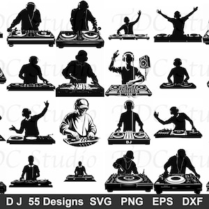 May include: A collection of black and white DJ silhouettes. Each figure is positioned behind a DJ mixer, some with arms raised. The image includes the text "DJ 55 Designs SVG PNG EPS DXF".