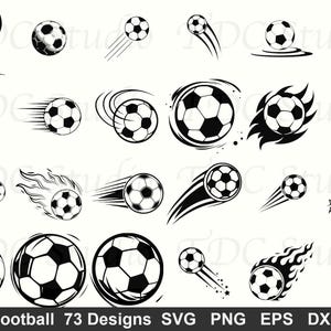 May include: Black and white soccer ball graphic designs in various styles, including motion trails and flames. The image includes the text "Football 73 Designs SVG PNG EPS DXF".