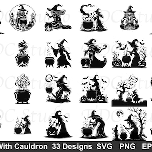 May include: A collection of 33 black and white graphic illustrations featuring witches with cauldrons, brooms, pumpkins, bats, and moons. The text at the bottom reads Witch With Cauldron 33 Designs SVG PNG EPS DXF. These are individual silhouette designs.