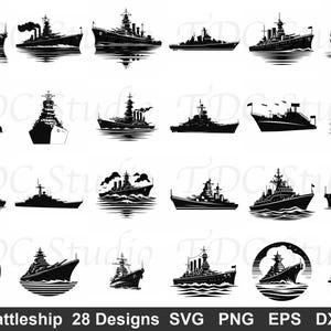 Slagskepp SVG-paket (28 designer) - marin krigsskepp PNG, militärfartygssilhuett, marin flotta klippfil, veterangåvakonst, andra världskrigets båtgrafik