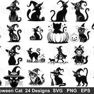 May include: A collection of twenty-four black silhouette illustrations featuring cats wearing witch hats, some accompanied by pumpkins, brooms, or stars. The text at the bottom reads Halloween Cat 24 Designs SVG PNG EPS DXF.
