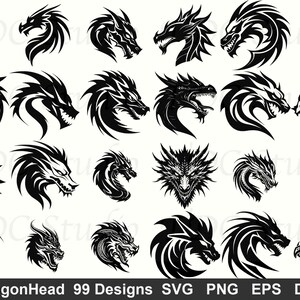 May include: A collection of 20 black dragon head designs in various poses and styles. The image includes dragon heads with open mouths, sharp teeth, and detailed scales. The text "DragonHead 99 Designs" is at the bottom, along with file type options.