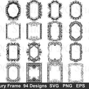 Może przedstawiać: Kolekcja 94 luksusowych wzorów ramek w czerni i bieli. Ramki mają różne kształty, w tym owalne, prostokątne i łukowate, z bogatymi detalami kwiatowymi i przewijanymi. Tekst "Luxury Frame 94 Designs SVG PNG EPS DXF" znajduje się na dole.