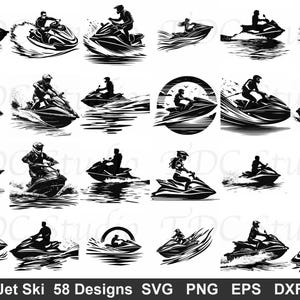 Może przedstawiać: Kolekcja 58 wzorów skuterów wodnych w czerni i bieli. Każdy wzór przedstawia osobę na skuterze wodnym, z różnymi przedstawieniami wody i pozycji jeźdźca. Zawiera formaty SVG, PNG, EPS i DXF.