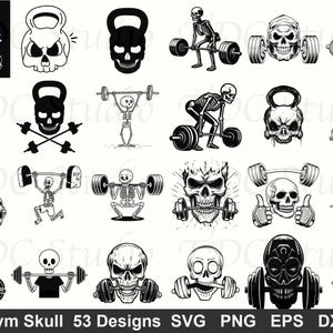 Puede incluir: Colección de ilustraciones en blanco y negro con calaveras realizando diversas actividades de gimnasio. Los diseños incluyen calaveras levantando pesas, pesas rusas y mancuernas. El texto "Gym Skull 53 Designs" está en la parte inferior.