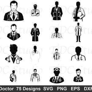 Pode incluir: Coleção de 20 ilustrações de médicos em preto e branco em várias poses, incluindo vistas de corpo inteiro e busto. Cada design apresenta um estetoscópio, alguns usam jalecos ou ternos. O texto "Doctor 75 Designs" está na parte inferior.
