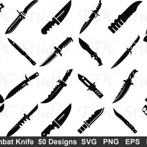 May include: A collection of black combat knife designs in various styles. The image features a variety of knife silhouettes, including those with serrated blades, curved blades, and different handle designs. The text at the bottom reads "Combat Knife 50 Designs SVG PNG EPS DXF".