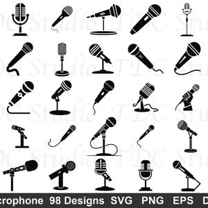 Puede incluir: Una colección de 28 diseños de micrófonos negros en varios estilos, incluyendo modelos de mano, de pie y vintage. La imagen incluye el texto "Microphone 98 Designs SVG PNG EPS DXF".