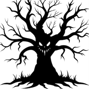 Op de afbeelding: Een zwart silhouet van een spookachtige boom met een dreigend gezicht in de stam. De boom heeft knoestige takken en een grillige mond, perfect voor Halloween-decoraties. De tekst "Spooky Tree 141 PNG SVG DXF EPS" staat onderaan.