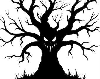 May include: A black silhouette of a spooky tree with a menacing face carved into its trunk. The tree has gnarled branches and a jagged mouth, perfect for Halloween decorations. The text "Spooky Tree 141 PNG SVG DXF EPS" is at the bottom.