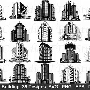 May include: A collection of black and white illustrations depicting 35 different tall building designs. The image showcases a variety of architectural styles. Text at the bottom reads "Tall Building 35 Designs SVG PNG EPS DXF", suitable for digital art projects.