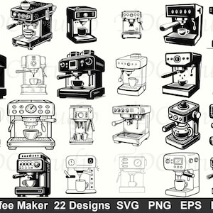 Può includere: Una collezione di 22 disegni di macchine da caffè in bianco e nero. Ogni design presenta una diversa macchina per espresso, con dettagli come tazze, beccucci e indicatori. L'immagine include il testo "Coffee Maker 22 Designs SVG PNG EPS DXF."