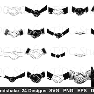 May include: A collection of 24 black and white graphic illustrations depicting various handshake styles, including detailed line art and solid silhouettes of hands in business attire, with the text Handshake 24 Designs SVG PNG EPS DXF.