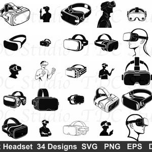 Puede incluir: Ilustraciones en blanco y negro de cascos de realidad virtual (VR) en varios diseños. La imagen incluye siluetas de personas usando cascos VR y el texto "VR Headset 34 Designs SVG PNG EPS DXF".